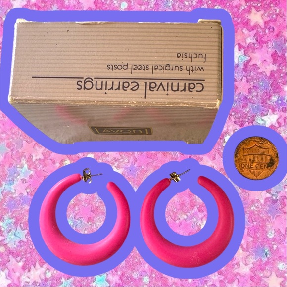 Avon Jewelry - Vintage Avon carnival earrings 80s hoops NIB NWT pink jewelry Barbie 1980s neon